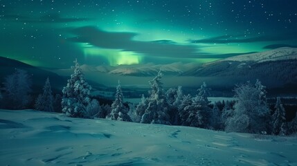 Aurora borealis over the frosty forest. Green northern lights above mountains. generative ai