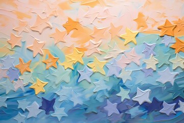 ラフな星柄を使った抽象油絵背景バナー）青・青緑・黄色・オレンジ・ピンク