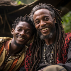 African American Jamaica dread locks man with adult son smiling 