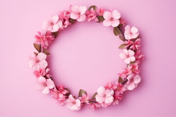 Obraz premium Flowers composition. Wreath made of pink flowers on pink background. Flat lay, top view, copy space 
