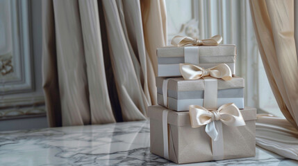 A stack of small gift boxes with elegant bows, displayed on a marble countertop against a backdrop of soft drapery