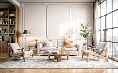 A stunning cinematic close-up of a Japandi minimalist living room interior. The modern space features a clean and simple design, with a white couch, wooden coffee table,