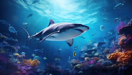 Fototapeta premium Great white shark in the ocean, portrait of White shark hunting prey in the underwater