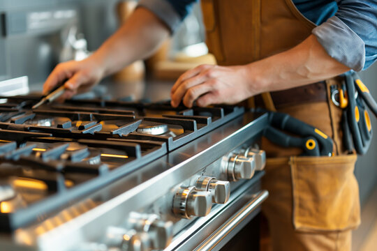 A repairman is fixing a gas stove.