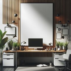 A computer on a desk office work room with a white poster above it image realistic used for printing.