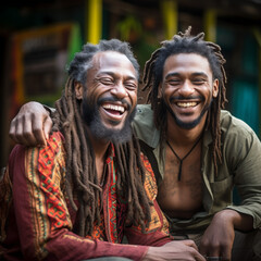 African American Jamaica dread locks man with adult son smiling 
