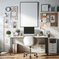 A desk with a computer and a chair image attractive has illustrative meaning used for printing.