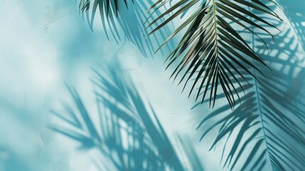 Blurred shadow from palm leaves on the light blue wall. Minimal abstract background. generative ai