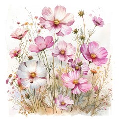 Beautiful watercolor painting of pink and white cosmos flowers.