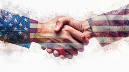 double exposure american flag, 2 hands shaking hands,generative ai