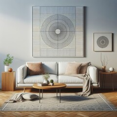 A living room with a template mockup poster empty white and with a couch and a coffee table art attractive has illustrative meaning.