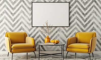 Modern Interior Design with Yellow Armchairs and Wall Poster Mockup 3d rendering	