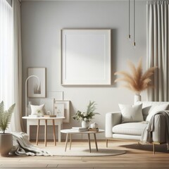 A living room with a template mockup poster empty white and with a couch and a picture frame image realistic attractive lively.