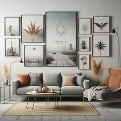 A living room with a template mockup poster empty white and with a couch and pictures on the wall art photo has illustrative meaning used for printing.