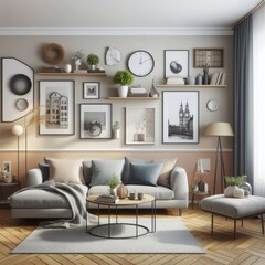 A living room with a template mockup poster empty white and with a couch and pictures on the wall image used for printing card design.