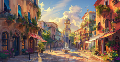 Fototapeta premium The photo is of a beautiful streetscape in a small town
