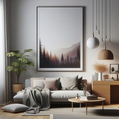 A living room with a template mockup poster empty white and with a large picture on the wall art realistic lively card design.