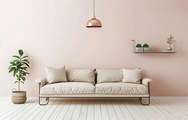 interior design,ranquil Living Room with Soft Pink Walls, White Wood Flooring, and Inviting Sofa 3d rendering	

