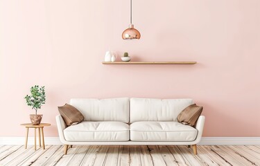 interior design,ranquil Living Room with Soft Pink Walls, White Wood Flooring, and Inviting Sofa 3d rendering	
