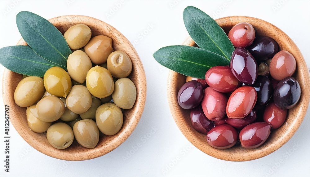 Wall mural delicious black, green and red olives with leaves in a wooden bowl, isolated on white backgr - Wall murals