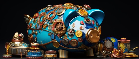 Craft a stylized rear view of a piggy bank filled to the brim with a variety of treasures