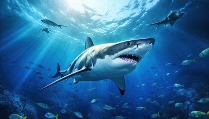 Naklejka premium Great white shark in the ocean, portrait of White shark hunting prey in the underwater