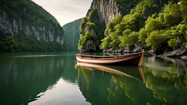a wooden boat on a beautiful lake