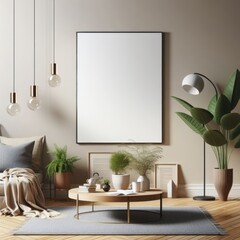 A Room with a template mockup poster empty white and with a couch and plants image realistic lively used for printing.