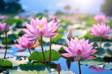 Panoramic of blooming Lotus flower on Green blurred background.Colorful water lily or lotus flower Attraction in the pond