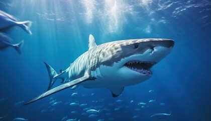 Obraz premium Great white shark in the ocean, portrait of White shark hunting prey in the underwater