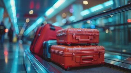 Two red suitcases on an escalator at the airport