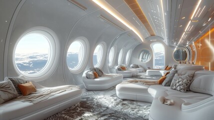 futuristic luxury airplane interior with seating areas