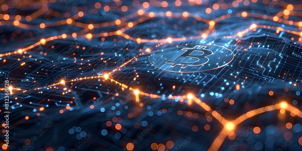 Poster glowing interconnected nodes depicting the bitcoin blockchain s lightning network for rapid defi tra