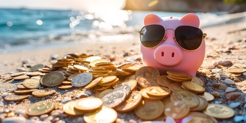 Relaxed Piggy Bank on Sunny Beach with Gold Coins Symbolizing Vacation Savings and Financial Freedom