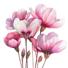 Pink and white flowers on a white background.