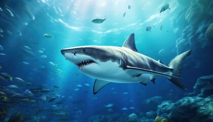 Fototapeta premium Great white shark in the ocean, portrait of White shark hunting prey in the underwater