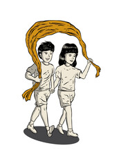 Two children holding each other while holding flag