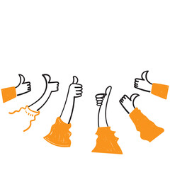 hand drawn doodle people give thumbs up together illustration