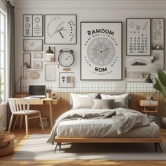 Bedroom sets have template mockup poster empty white with Bedroom interior and desk and pictures on the wall art realistic photo harmony lively.