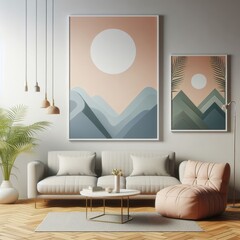 living room with a template mockup poster empty white and With Couch And Paintings On The Wall image art harmony has illustrative meaning.