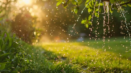 a sprinkle of water is falling from a tree branch in a park - Powered by Adobe