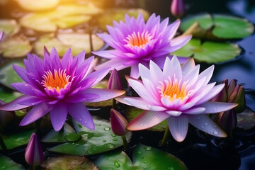 Panoramic of blooming Lotus flower on Green blurred background.Colorful water lily or lotus flower Attraction in the pond
