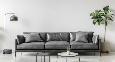 Stylish Modern Living Room with Gray Leather Sofa and Floor Lamp 3d rendering	