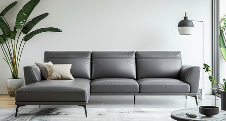 Stylish Modern Living Room with Gray Leather Sofa and Floor Lamp 3d rendering	
