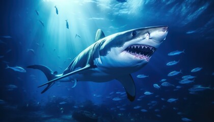 Obraz premium Great white shark in the ocean, portrait of White shark hunting prey in the underwater