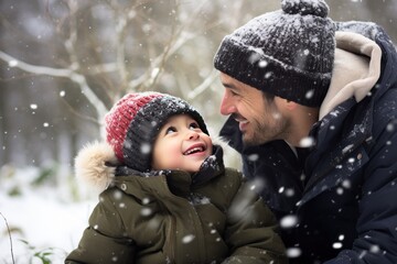 Caucasian father and his daughter warmly dressed in winter during snowfall embrace with smiles. Asian dad warmly hugs little daughter in nature during snow. Asian family warm in cold with loving hugs
