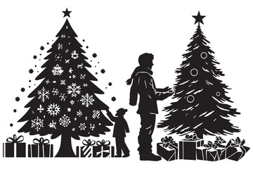 silhouette of a family decorating a Christmas tree with all elements as separate objects