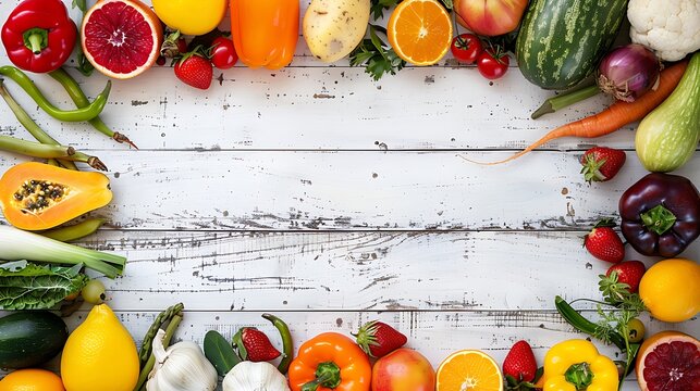 Fruit and vegetable borders on white wooden old table