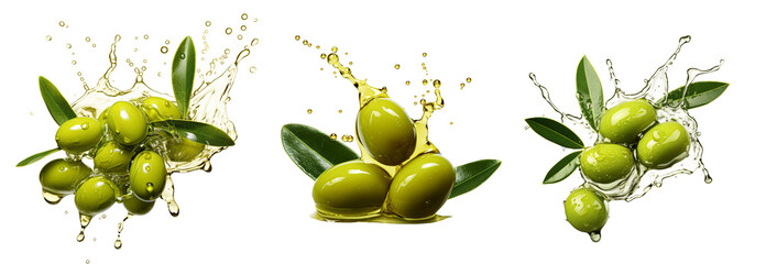 Green olives on oil splash png cutout set isolated on transparent background