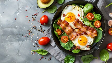 Grilled bacon and avocado fried eggs with spinach and cherry tomatoes in cast iron pan gray concrete background
